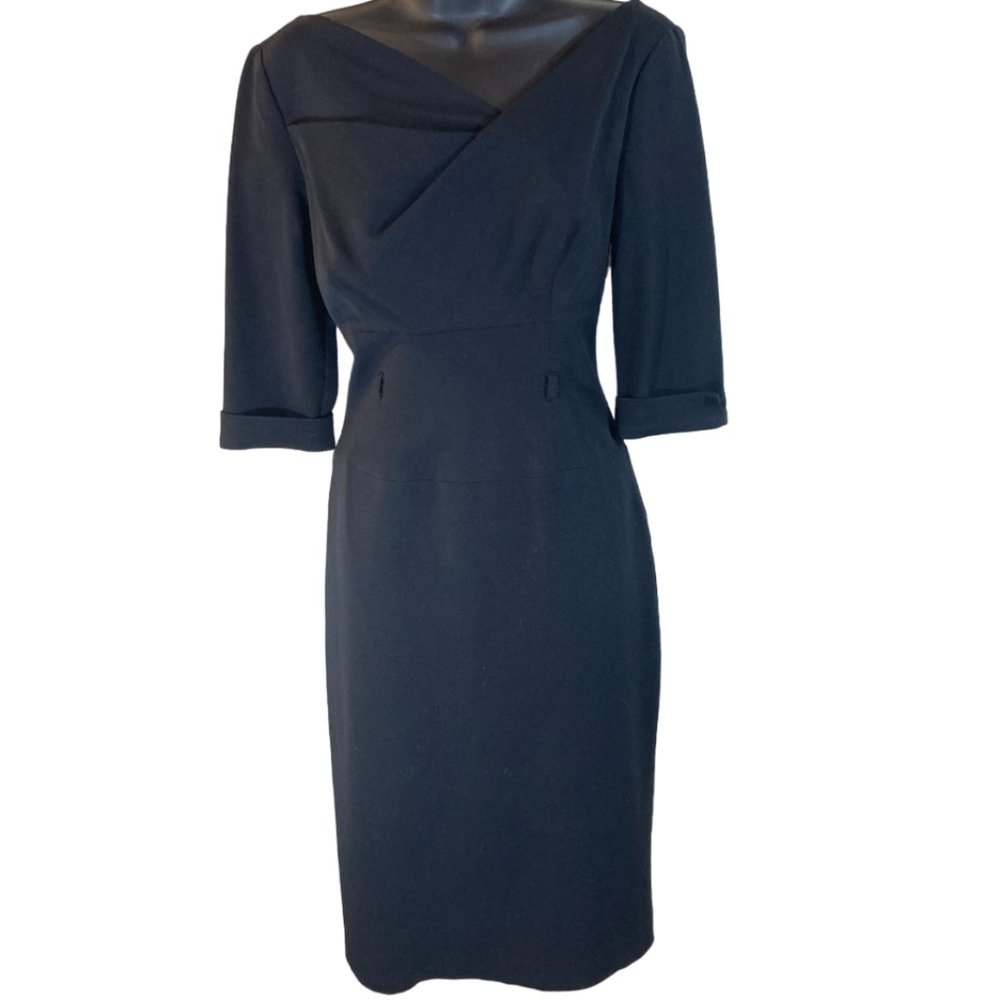 Black Halo Blue Sheath Dress Asymmetrical Neckline 3/4 Cuffed Sleeves
